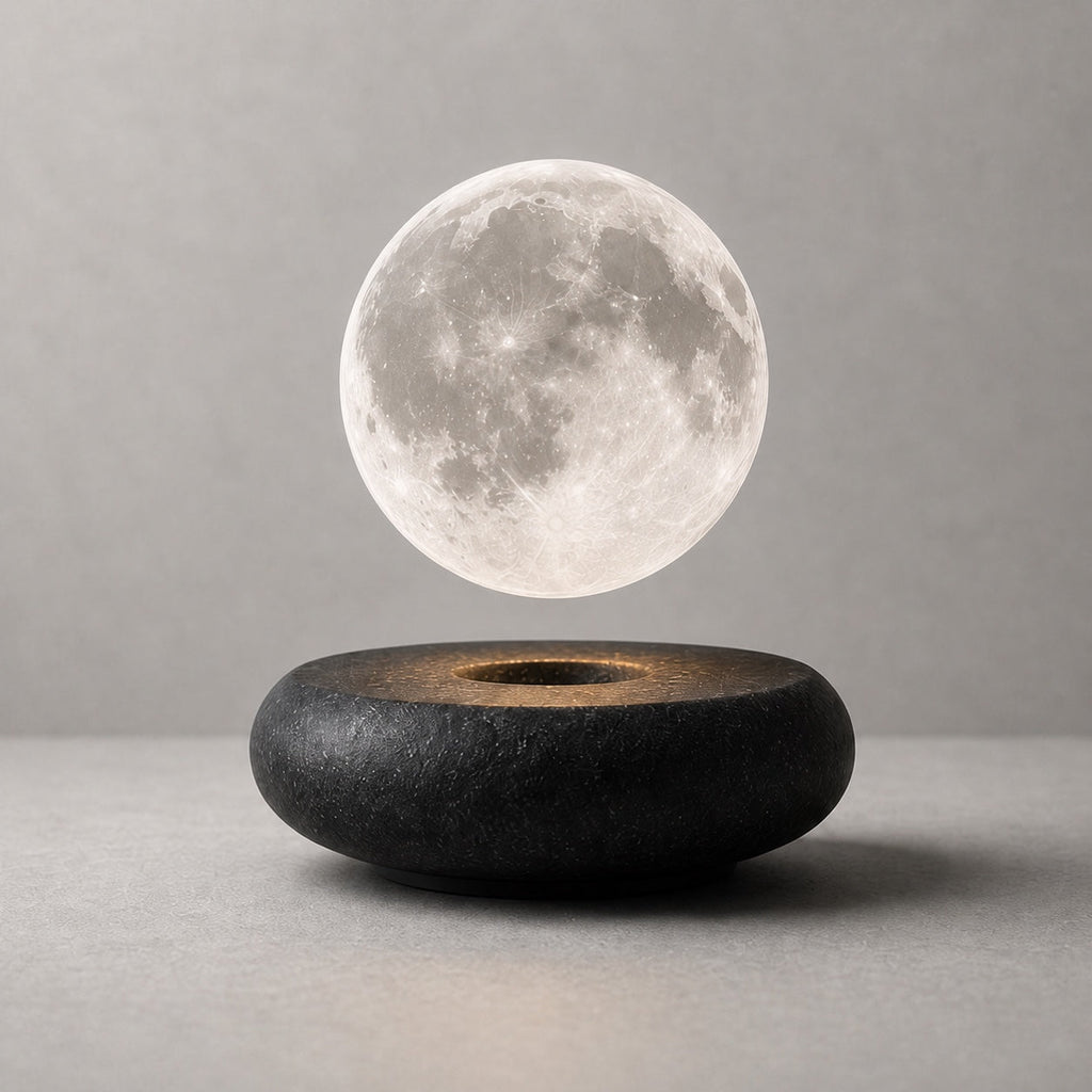 Hoverstone Lunara Moon Lamp floating above a black stone base